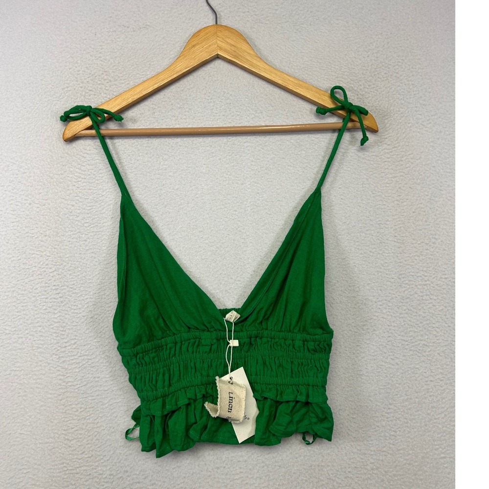 Boho Cottagecore Sim & Sam Womens Medium Kelly Green Smocked Linen Crop Top